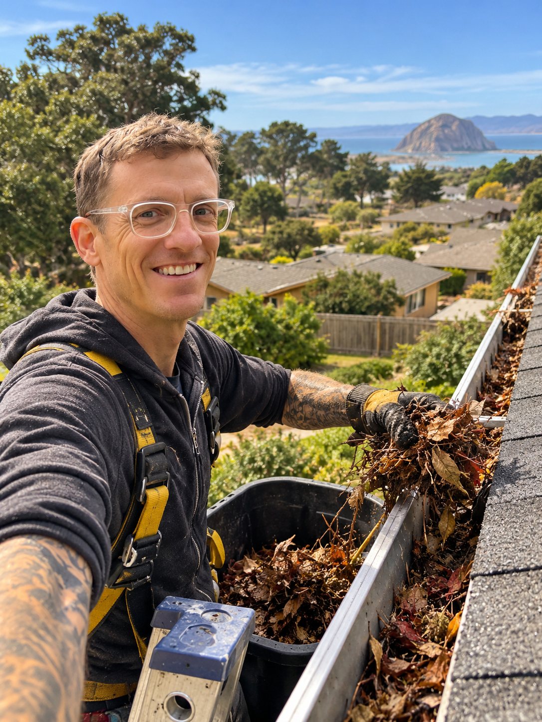 Patrick smiling while removing leaves from a rain gutter in a coastal neighborhood